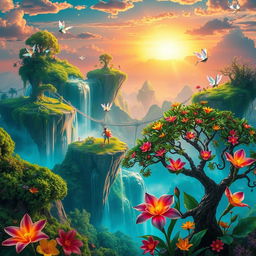 A vibrant digital artwork showcasing a fantastical landscape featuring floating islands with lush greenery, cascading waterfalls, and an iridescent sunset sky