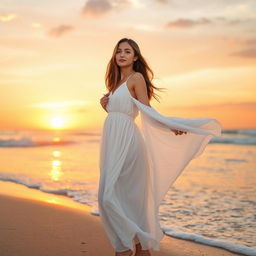 A beautiful young woman standing on a serene beach at sunset, wearing a flowing white dress that catches the gentle sea breeze