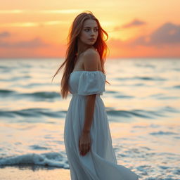 A beautiful young woman standing on a serene beach at sunset, wearing a flowing white dress that catches the gentle sea breeze