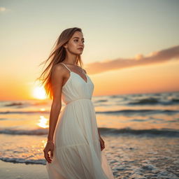 A beautiful young woman standing on a serene beach at sunset, wearing a flowing white dress that catches the gentle sea breeze