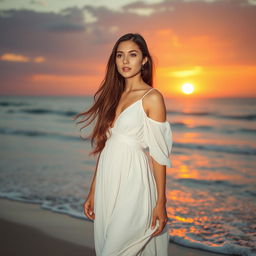 A beautiful young woman standing on a serene beach at sunset, wearing a flowing white dress that catches the gentle sea breeze