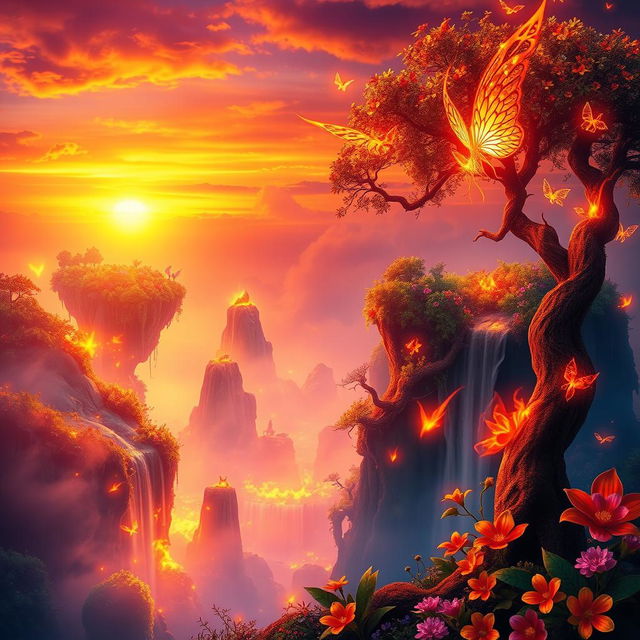 A vibrant digital artwork showcasing a fantastical landscape engulfed in magical flames