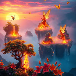 A vibrant digital artwork showcasing a fantastical landscape engulfed in magical flames