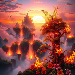 A vibrant digital artwork showcasing a fantastical landscape engulfed in magical flames