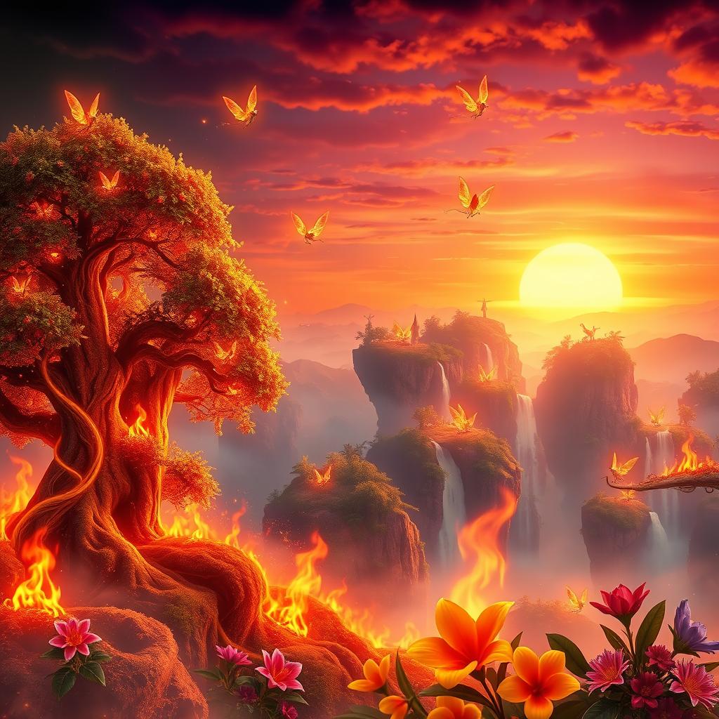 A vibrant digital artwork showcasing a fantastical landscape engulfed in magical flames