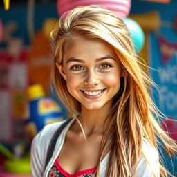 A beautiful 18-year-old girl with long, flowing hair, wearing a stylish outfit
