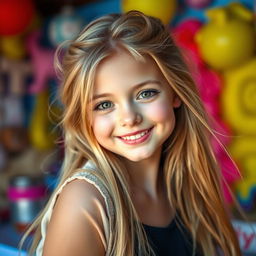 A beautiful 18-year-old girl with long, flowing hair, wearing a stylish outfit