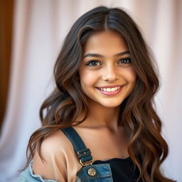 A beautiful 18-year-old brunette girl, with long, wavy hair and an expressive smile