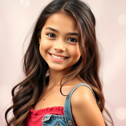 A beautiful 18-year-old brunette girl, with long, wavy hair and an expressive smile