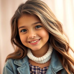 A beautiful 18-year-old brunette girl, with long, wavy hair and an expressive smile