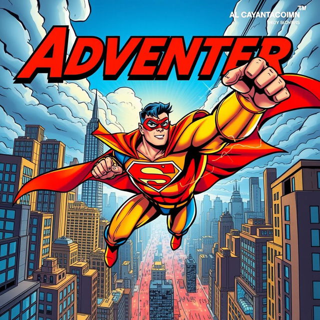 A dynamic comic book cover featuring a heroic superhero in action, soaring through a vibrant cityscape