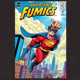 A dynamic comic book cover featuring a heroic superhero in action, soaring through a vibrant cityscape