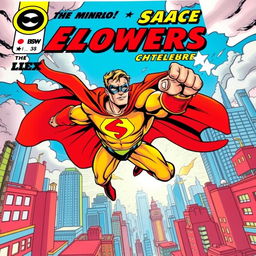 A dynamic comic book cover featuring a heroic superhero in action, soaring through a vibrant cityscape