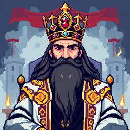 A pixel art portrait of a king, featuring intricate details such as a majestic crown embellished with jewels, a regal robe adorned with golden patterns, and a proud expression on his face