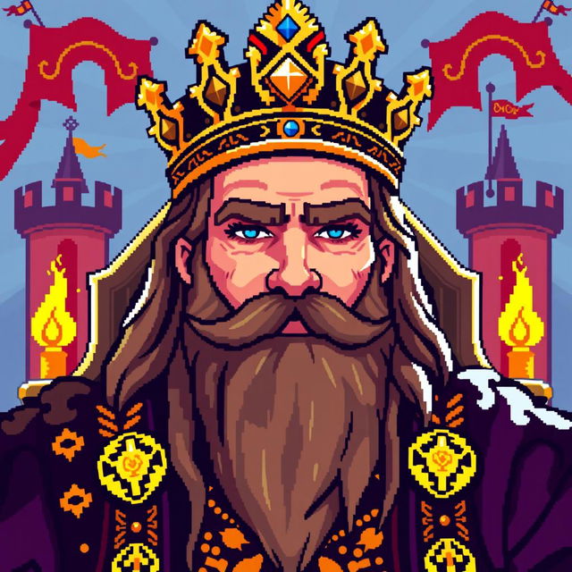 A pixel art portrait of a king, featuring intricate details such as a majestic crown embellished with jewels, a regal robe adorned with golden patterns, and a proud expression on his face