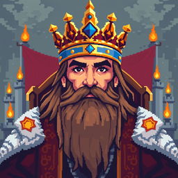 A pixel art portrait of a king, featuring intricate details such as a majestic crown embellished with jewels, a regal robe adorned with golden patterns, and a proud expression on his face