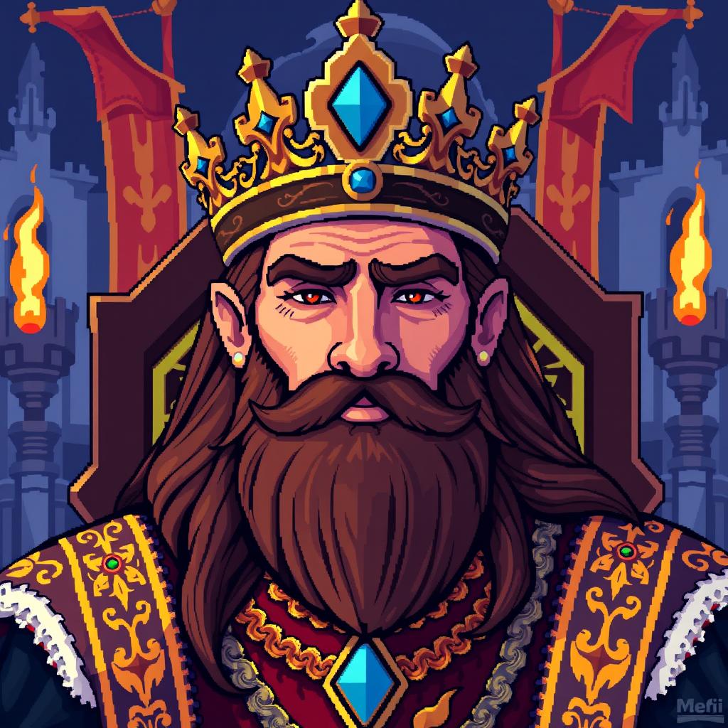 A pixel art portrait of a king, featuring intricate details such as a majestic crown embellished with jewels, a regal robe adorned with golden patterns, and a proud expression on his face