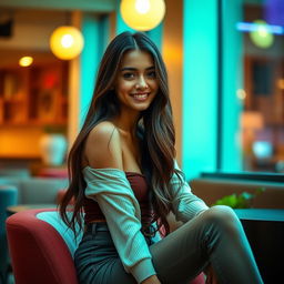 A beautiful 18-year-old brunette girl with an attractive figure, sitting gracefully in a stylish setting