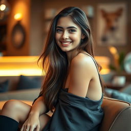A beautiful 18-year-old brunette girl with an attractive figure, sitting gracefully in a stylish setting