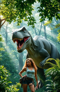 A majestic T-Rex roaring powerfully in a dense, vibrant forest filled with lush green foliage and towering trees