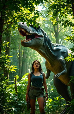 A majestic T-Rex roaring powerfully in a dense, vibrant forest filled with lush green foliage and towering trees