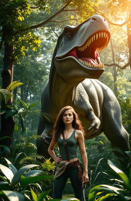 A majestic T-Rex roaring powerfully in a dense, vibrant forest filled with lush green foliage and towering trees