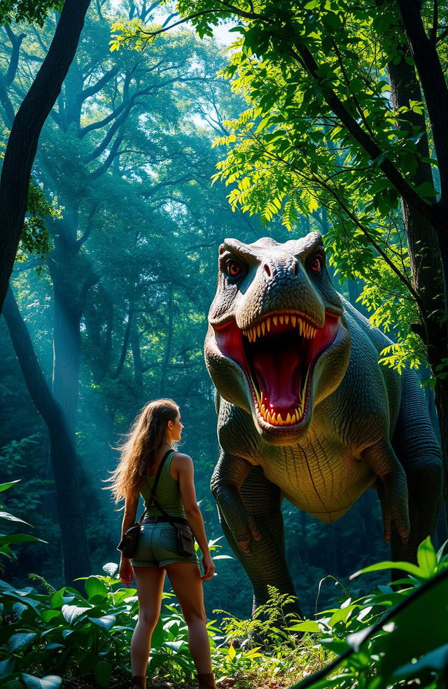 A majestic T-Rex roaring powerfully in a dense, vibrant forest filled with lush green foliage and towering trees