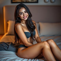 A beautiful 18-year-old brunette girl with a stunning figure, sitting gracefully on a bed