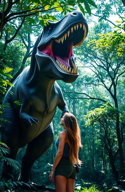 A magnificent T-Rex roaring fiercely in a lush forest, its impressive body towering among the trees