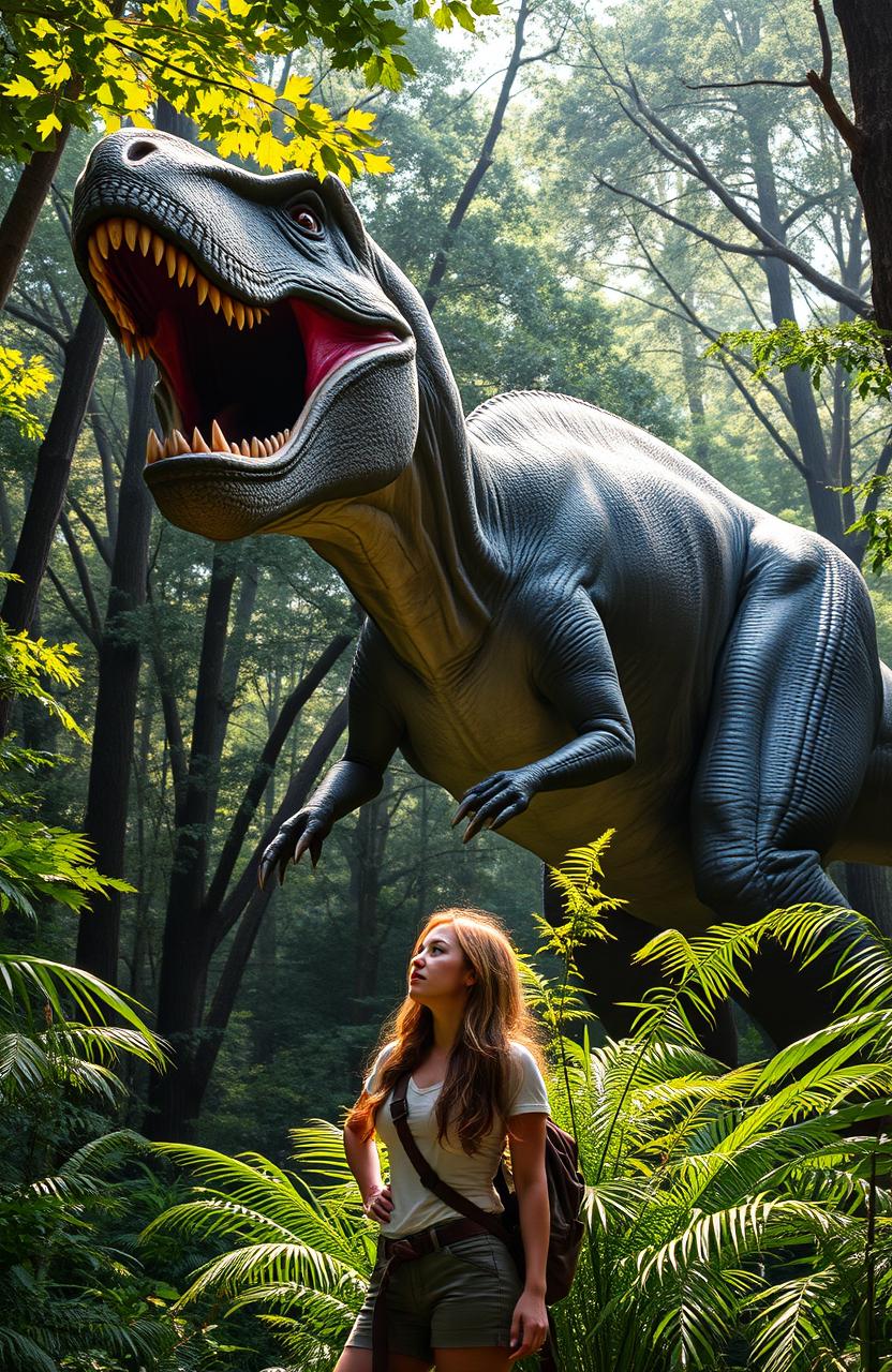 A magnificent T-Rex roaring fiercely in a lush forest, its impressive body towering among the trees