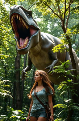 A magnificent T-Rex roaring fiercely in a lush forest, its impressive body towering among the trees