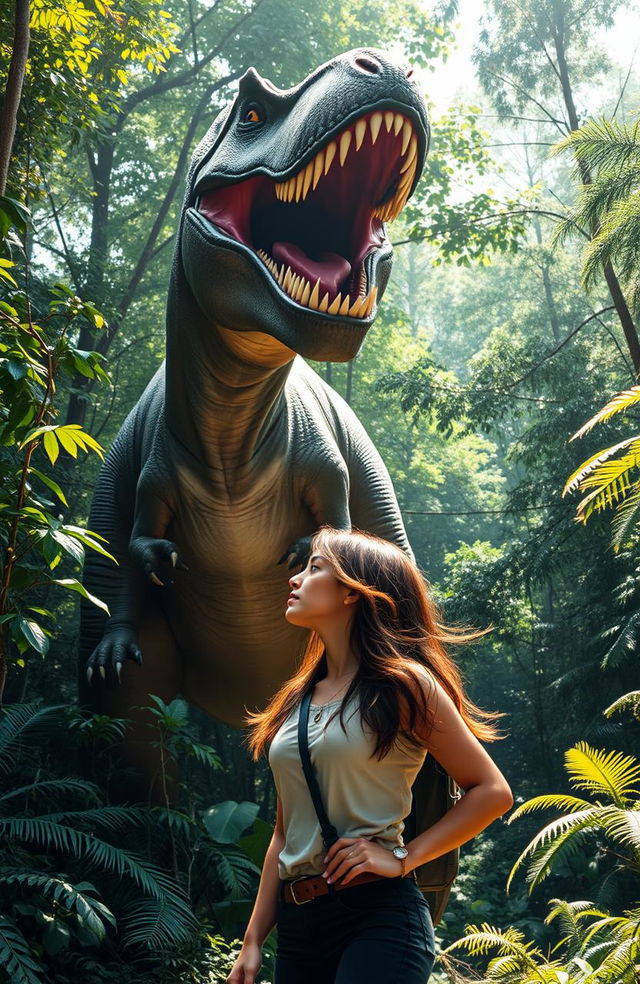 A magnificent T-Rex roaring fiercely in a lush forest, its impressive body towering among the trees