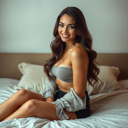 A stunning and alluring 18-year-old brunette girl, sitting elegantly on a bed