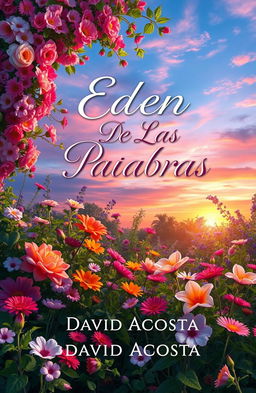 A stunning and evocative cover design for a poetry book titled "Edén De Las Palabras" by David Acosta