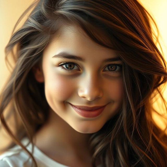 A beautiful 18-year-old brunette girl with captivating features, showcasing her natural beauty