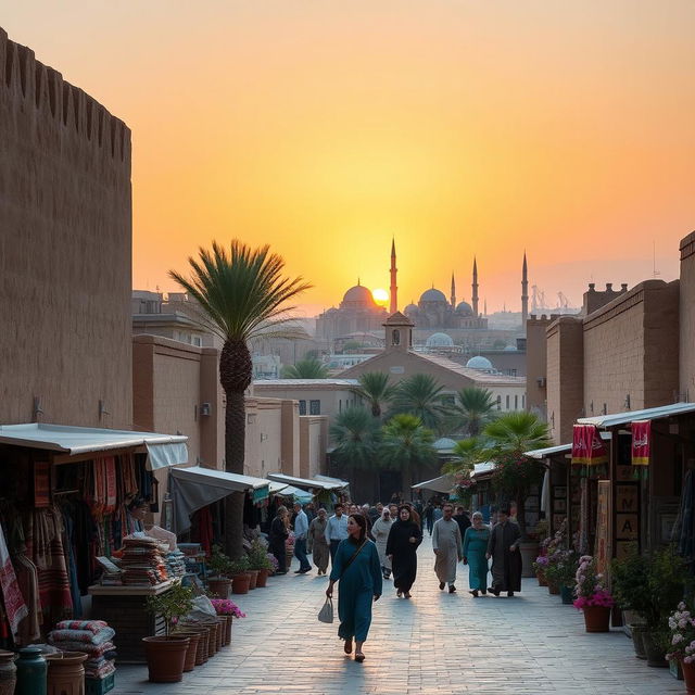 A serene and picturesque scene in Yazd, Iran's historical city, showcasing the ancient architecture with mud-brick buildings, tall windcatchers, and narrow winding alleys