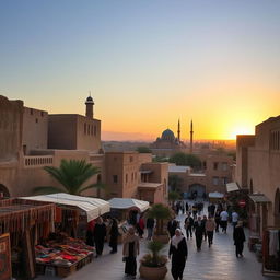 A serene and picturesque scene in Yazd, Iran's historical city, showcasing the ancient architecture with mud-brick buildings, tall windcatchers, and narrow winding alleys