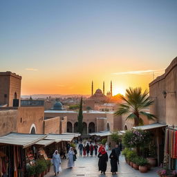 A serene and picturesque scene in Yazd, Iran's historical city, showcasing the ancient architecture with mud-brick buildings, tall windcatchers, and narrow winding alleys