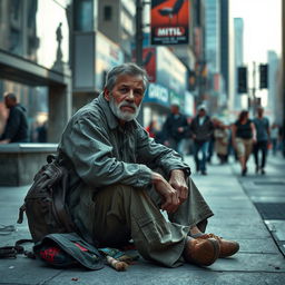 A scene depicting a poor man sitting on a city sidewalk, wearing tattered clothes and looking contemplative