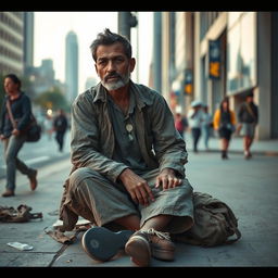 A scene depicting a poor man sitting on a city sidewalk, wearing tattered clothes and looking contemplative