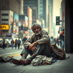 A scene depicting a poor man sitting on a city sidewalk, wearing tattered clothes and looking contemplative