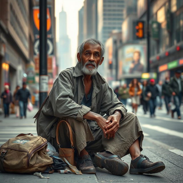 A scene depicting a poor man sitting on a city sidewalk, wearing tattered clothes and looking contemplative