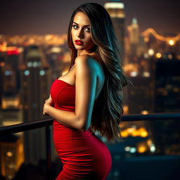 A sexy woman with long flowing hair, wearing a tight-fitting red dress that accentuates her curves