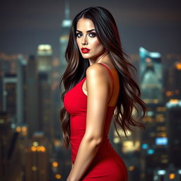 A sexy woman with long flowing hair, wearing a tight-fitting red dress that accentuates her curves