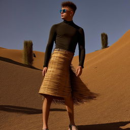 male in futuristic casual raffia skirt attire