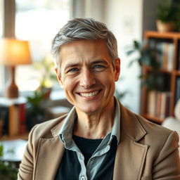A portrait of a confident and successful person at age 40, featuring warm lighting and a soft focus background