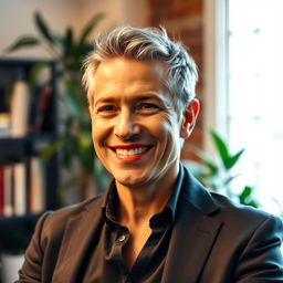 A portrait of a confident and successful person at age 40, featuring warm lighting and a soft focus background