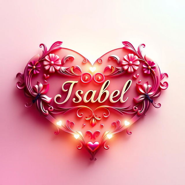 A beautifully designed heart shape, with intricate details, vibrant colors, and the name 'Isabel' elegantly placed in the center