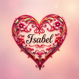 A beautifully designed heart shape, with intricate details, vibrant colors, and the name 'Isabel' elegantly placed in the center