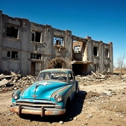 An old, rusted blue car adorned with a white star on the front, parked in front of a dilapidated building characterized by broken windows and scattered debris around its perimeter
